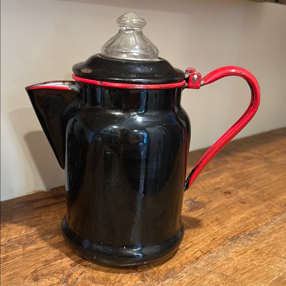 Vintage Black and Red Enamel Teapot